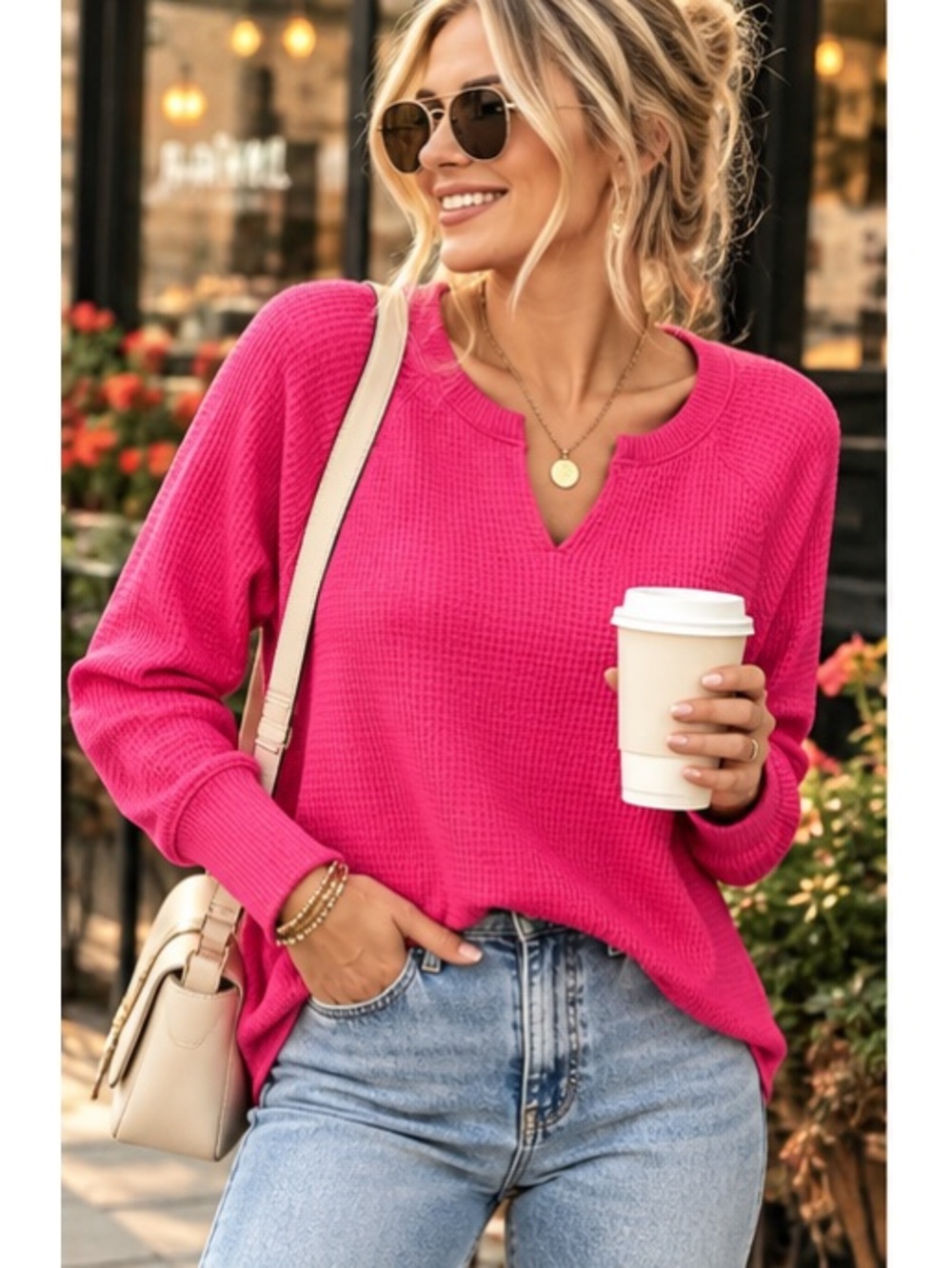 American Eagle Waffle Knit Thermal Top Small Hot Pink Split Neck Long Sleeve